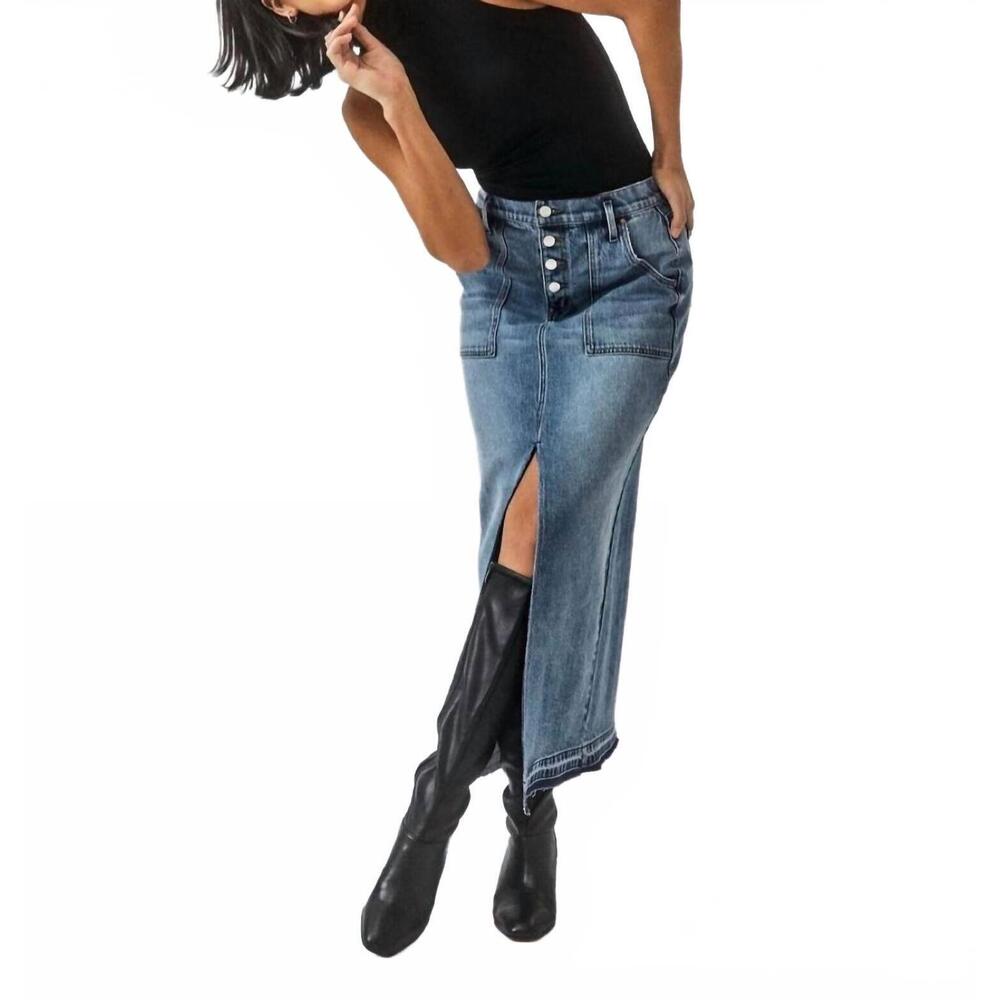 NEW LEVEL99 carol exposed button denim maxi skirt in stone blue